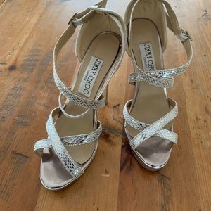 Jimmy Chou silver snakeskin sandals